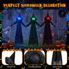 Outdoor Halloween witch decoration with LED lighted face, faceless design, and wear-resistant fabric for yard displays.