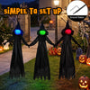 Outdoor Halloween witch decoration featuring LED lighted faces, black wear-resistant fabric, and easy setup with ground stakes.