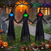 Three outdoor Halloween witch decorations with LED lighted faces, featuring a faceless design and wear-resistant fabric.