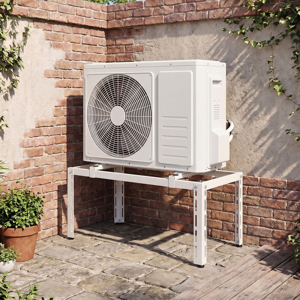 Outdoor heavy-duty AC base for 9000-36000 BTU ductless air conditioners, featuring adjustable layout and stable metal construction.