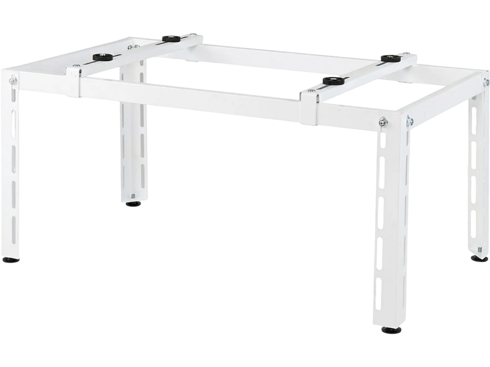 Heavy-duty white metal AC base for 9000-36000 BTU ductless air conditioners with adjustable layout and anti-vibration pads.