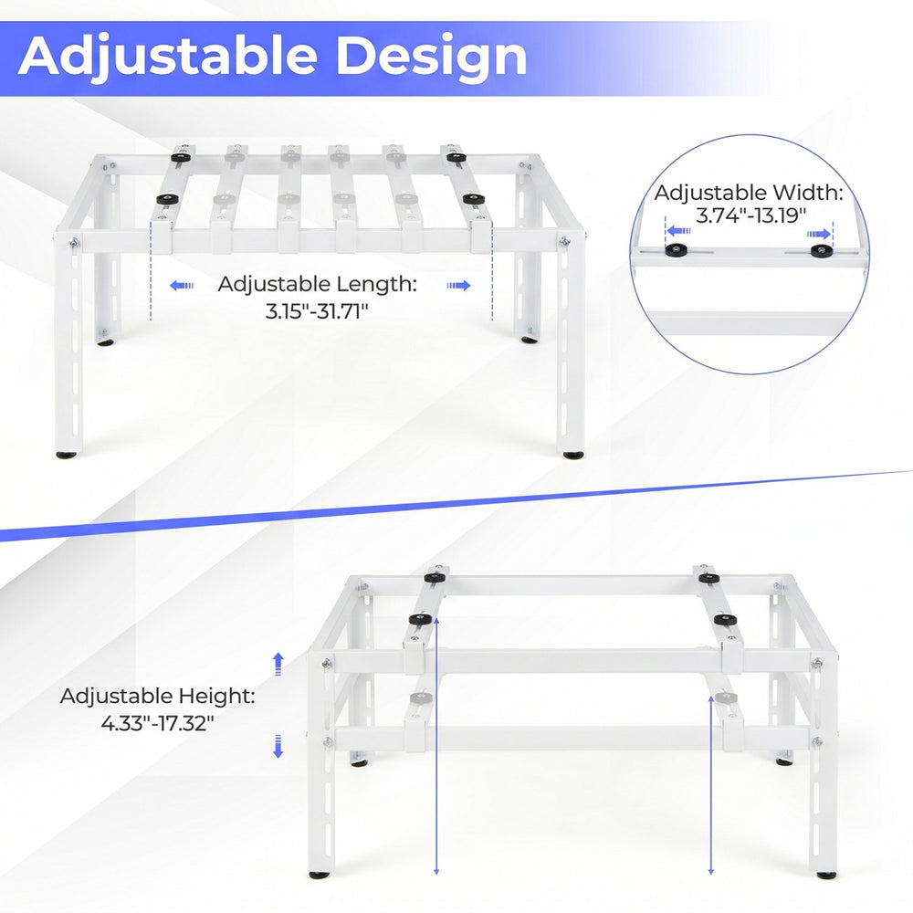 Adjustable outdoor heavy-duty AC base for 9000-36000 BTU units, featuring a stable powder-coated metal frame and adjustable height.
