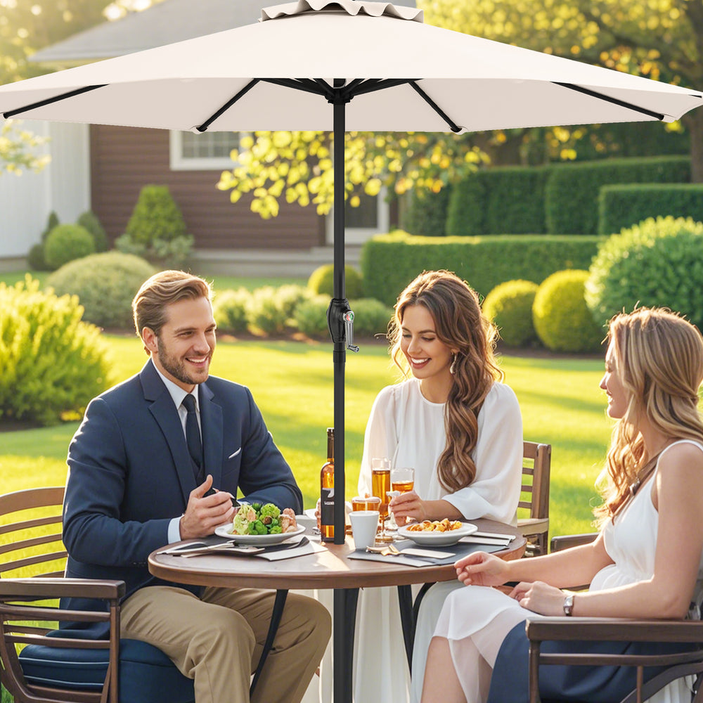 Beige outdoor market umbrella with crank handle, featuring a sturdy metal frame and 8 ribs, perfect for backyard dining.