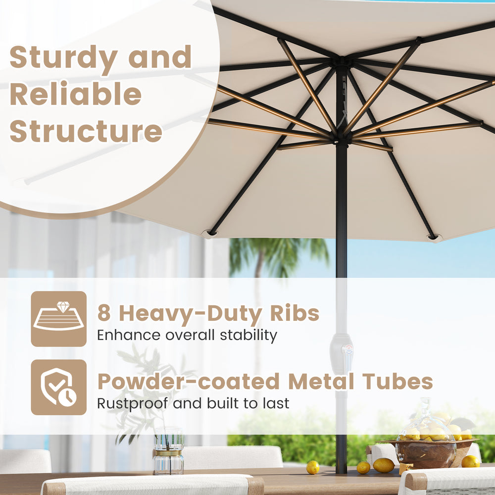 Outdoor heavy-duty market umbrella with beige polyester canopy and 8 sturdy ribs for superior stability and wind.