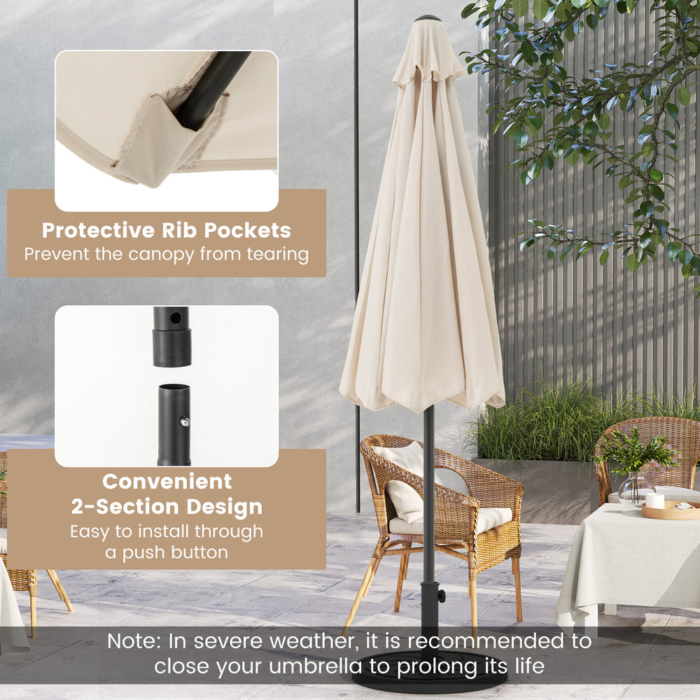 Outdoor heavy-duty market umbrella in beige with crank handle and protective rib pockets for stability and sun.