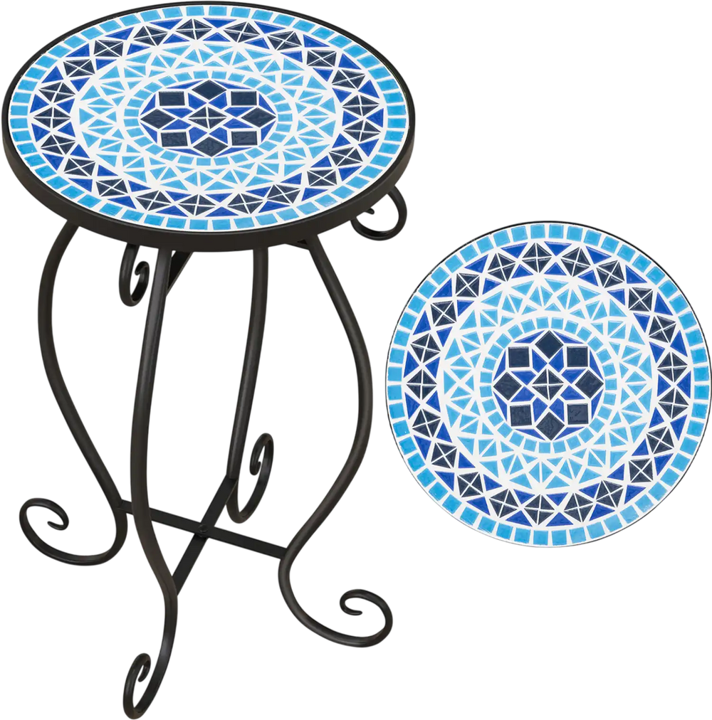 Round accent table with cobalt blue mosaic top and black steel frame, perfect for indoor or outdoor plant display.