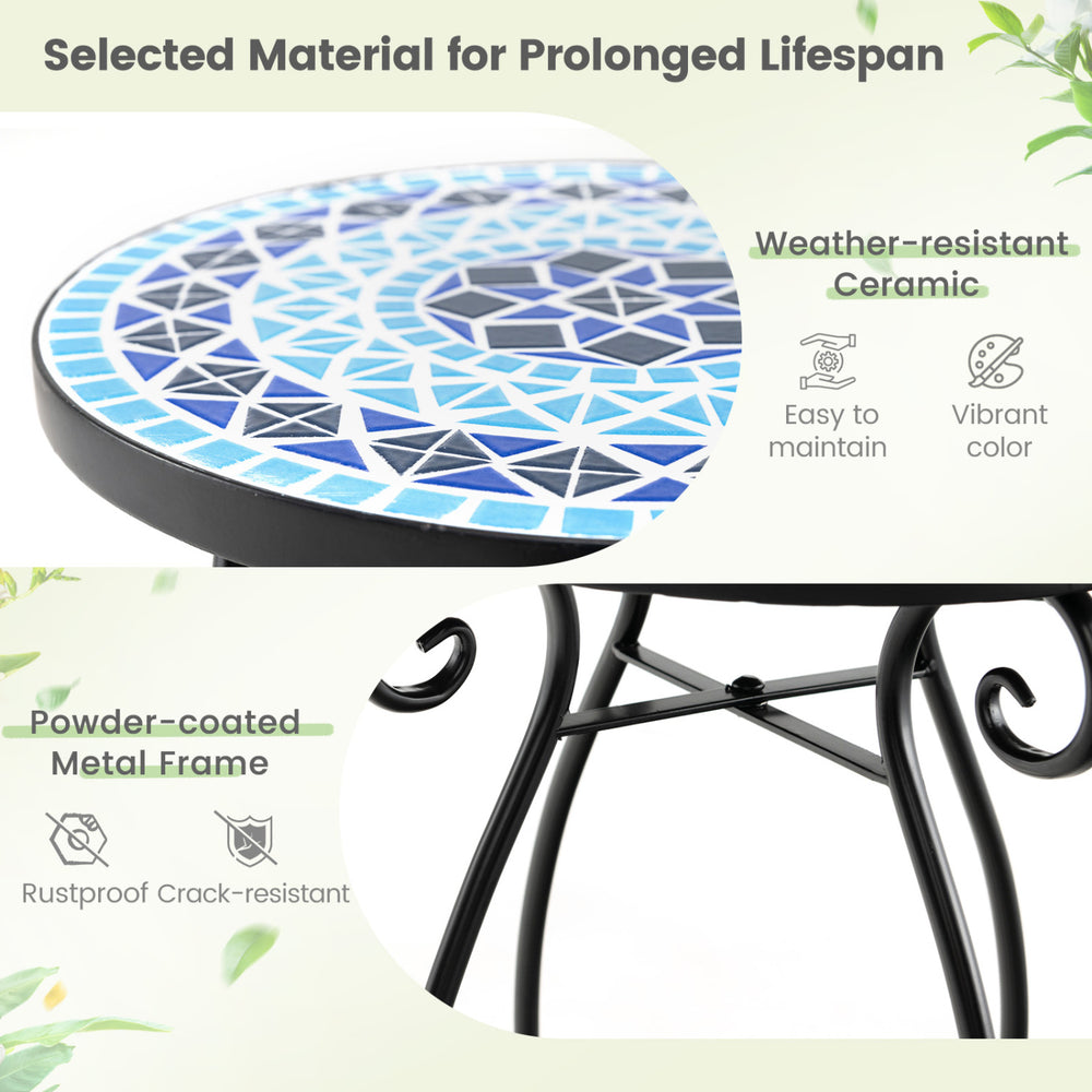 Round accent table with cobalt blue mosaic top and black powder-coated metal frame, perfect for indoor or outdoor use.
