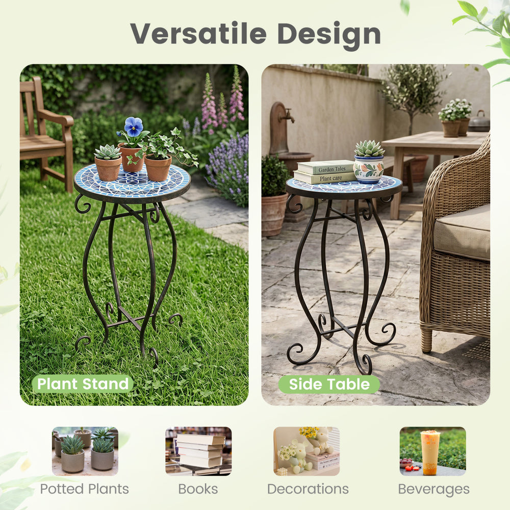 Round cobalt blue mosaic accent table with black steel frame, perfect for plants, drinks, or books in indoor and outdoor settings.