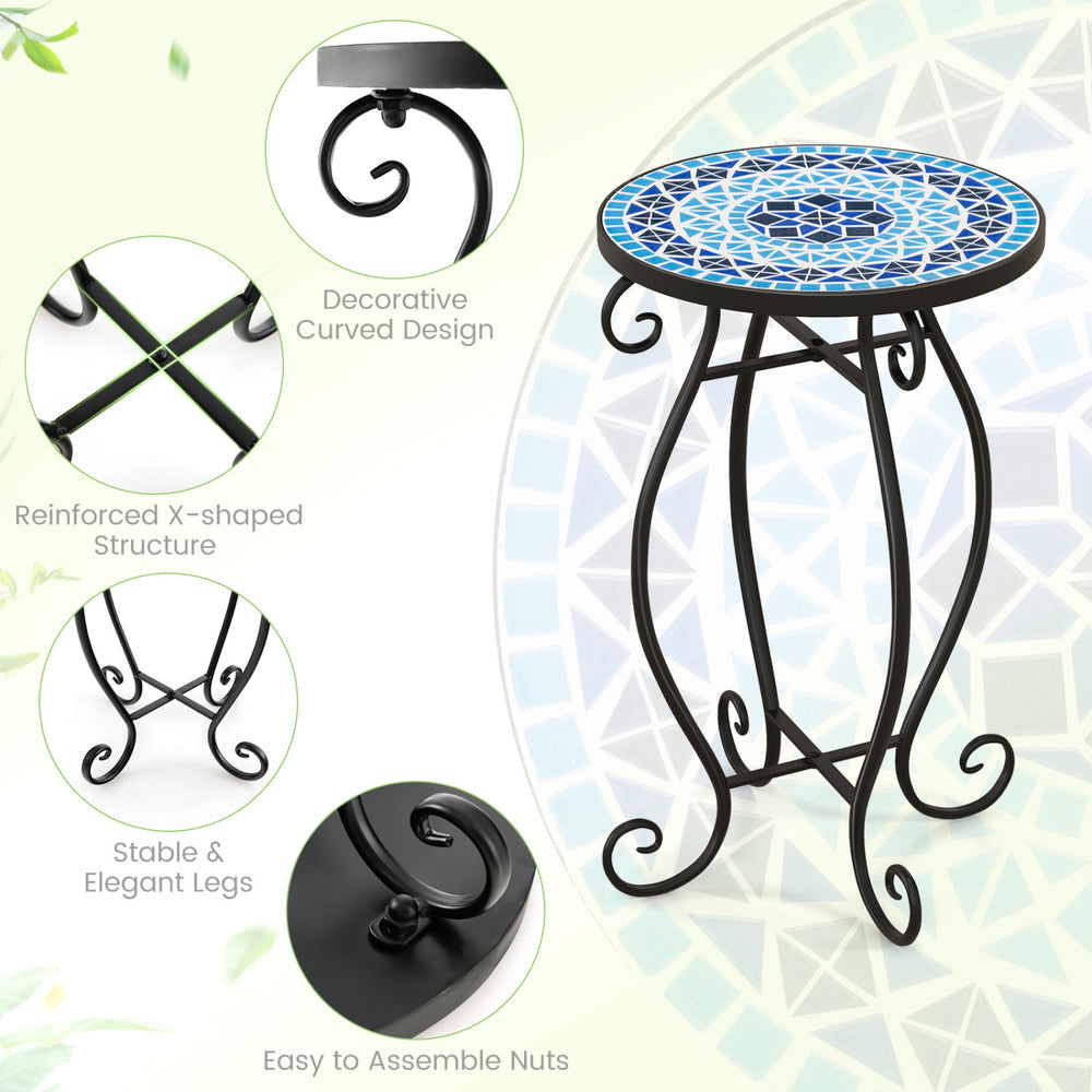 Round accent table with cobalt blue mosaic top and black steel frame, perfect for plants or drinks indoors and outdoors.