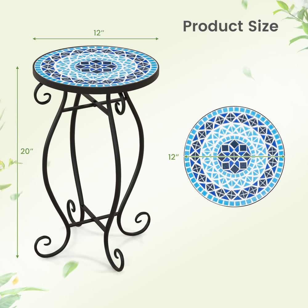Round accent table with a cobalt blue mosaic top and black steel frame, perfect for indoor or outdoor plant display.