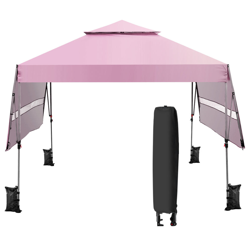 Pink 10 x 17.6 feet outdoor instant pop-up canopy tent with dual half awnings for sun protection and easy setup.