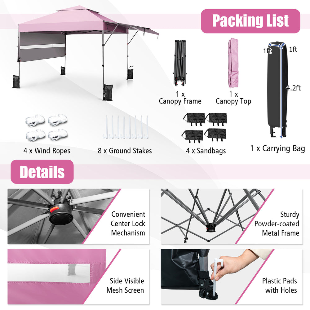 10 x 17.6 feet pink outdoor pop-up canopy tent with dual awnings, sturdy metal frame, ideal for beach or picnic use.