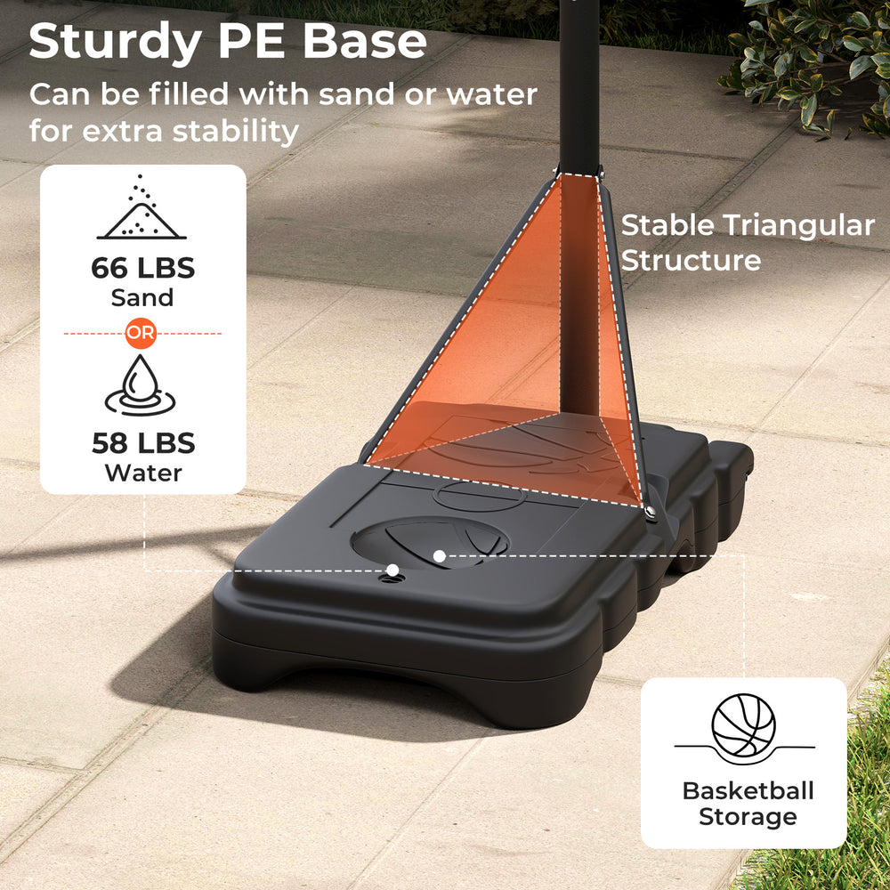 Sturdy PE base of the adjustable outdoor basketball hoop, designed for stability with sand or water, featuring storage.