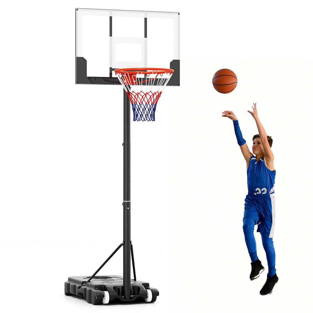 Adjustable 3.3-7 ft kids basketball hoop with shatterproof backboard, ideal for outdoor play and easy height adjustment.