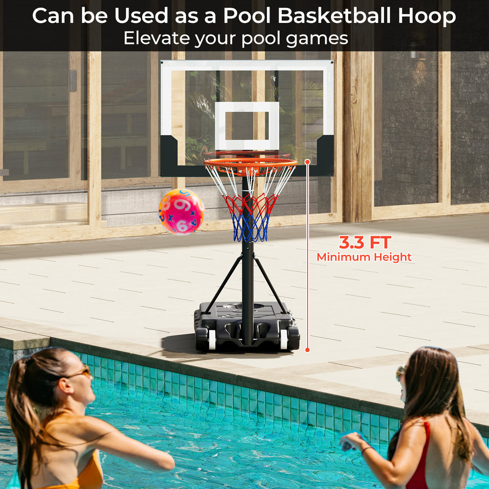 Portable adjustable basketball hoop system with a 3.3 ft minimum height, ideal for poolside games and outdoor fun.
