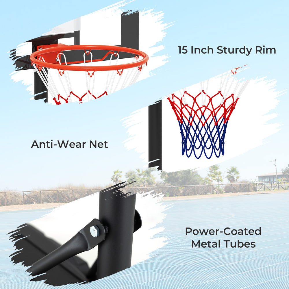Close-up of the 15-inch sturdy rim and anti-wear net of the adjustable outdoor kids basketball hoop system.