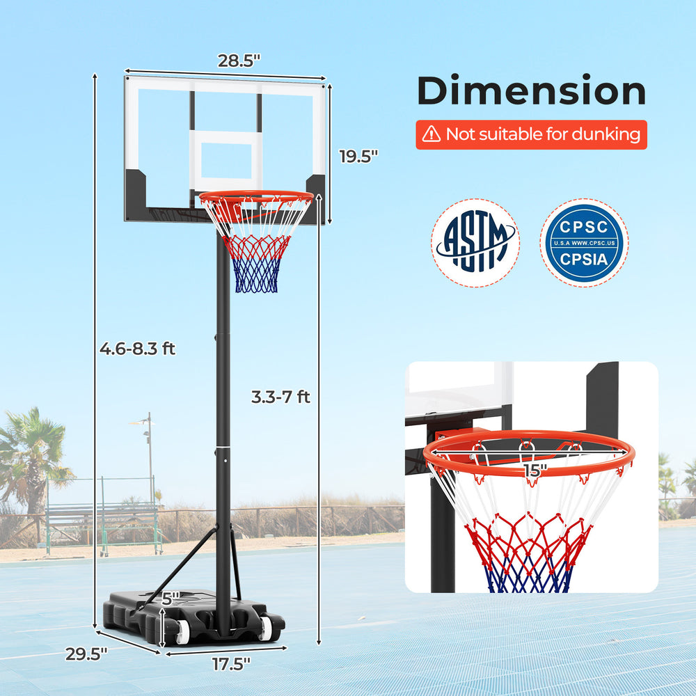 Portable adjustable basketball hoop system with a 3.3-7 ft height range, shatterproof backboard, and built-in wheels.