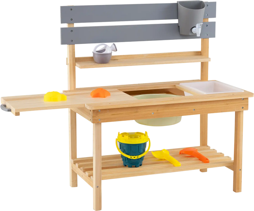 Outdoor mud kitchen for kids showcasing a spacious tabletop and built-in water basin, ideal for creative playtime.
