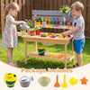 Wooden outdoor mud kitchen for kids featuring a spacious tabletop, sink, and accessories for imaginative play.