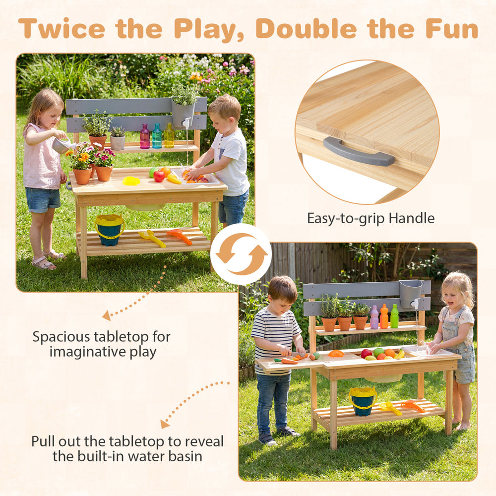 Outdoor mud kitchen playset for kids featuring a spacious tabletop, sink, and storage shelves for imaginative play.