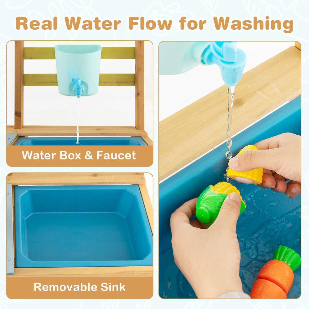 Removable sink and water box with faucet for the Outdoor Kids Mud Kitchen, perfect for washing toys or making mud pies.