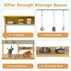 Outdoor kids mud kitchen featuring a top shelf, three hanging hooks, and a removable middle shelf for versatile storage.