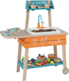 Wooden outdoor kids play kitchen set in orange with removable sink, accessories, and play food for imaginative fun.