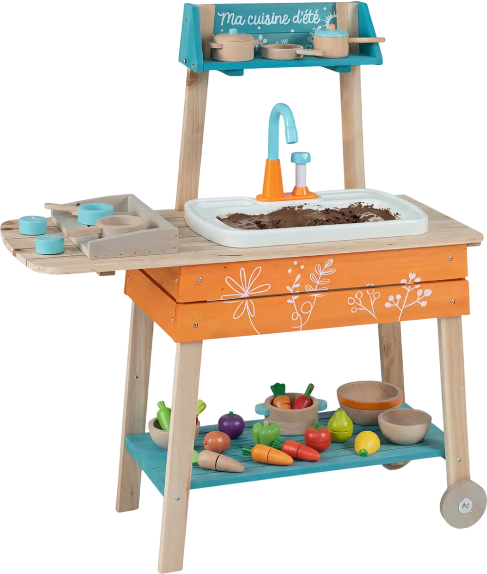 Wooden outdoor kids play kitchen set in orange with removable sink, accessories, and play food for imaginative fun.
