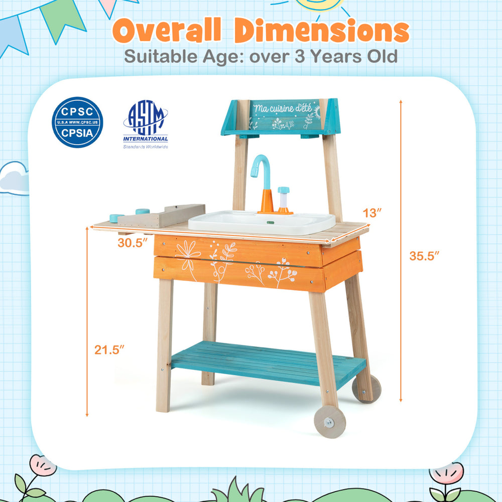 Outdoor kids play kitchen set with removable sink in orange, featuring dimensions for age suitability and play.