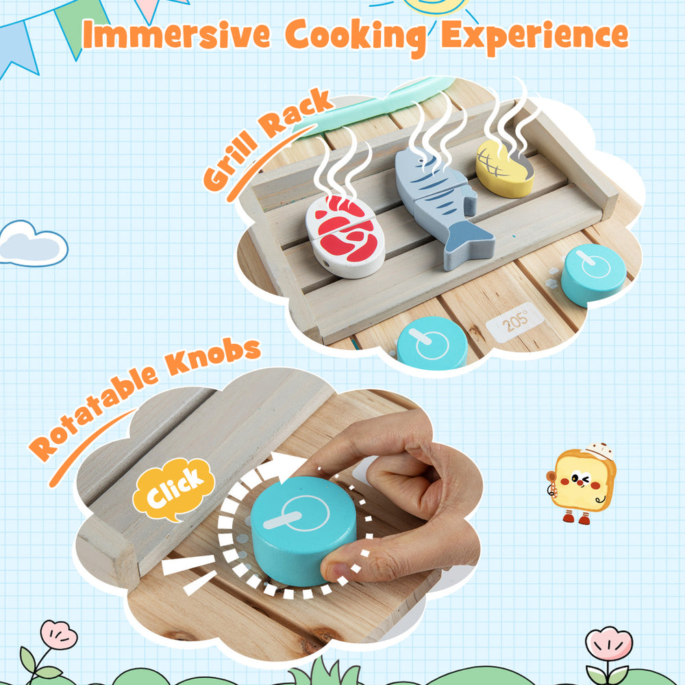 Wooden toy kitchen playset featuring a grill rack with removable sink, colorful food pieces, and rotatable knobs for.