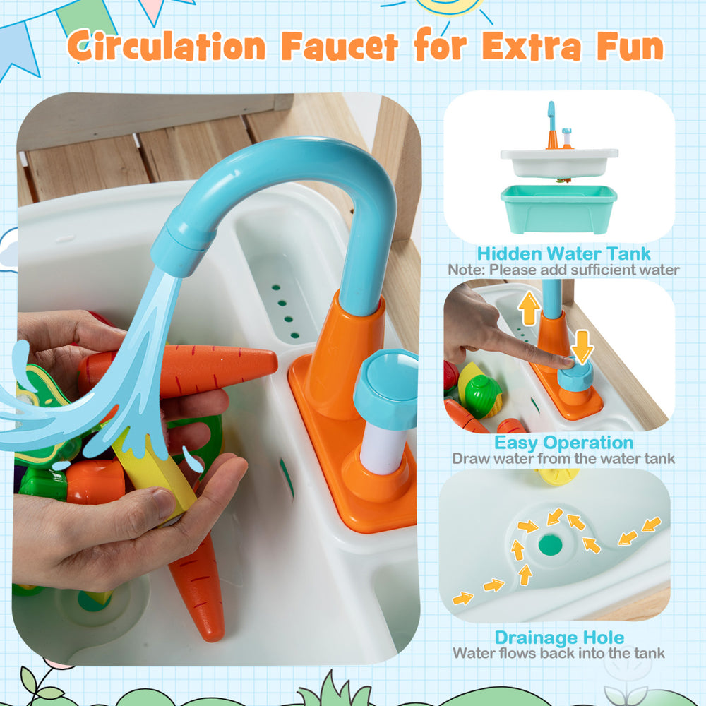 Removable sink with circulation faucet in the Outdoor Kids Play Kitchen Set, featuring vibrant orange and turquoise.