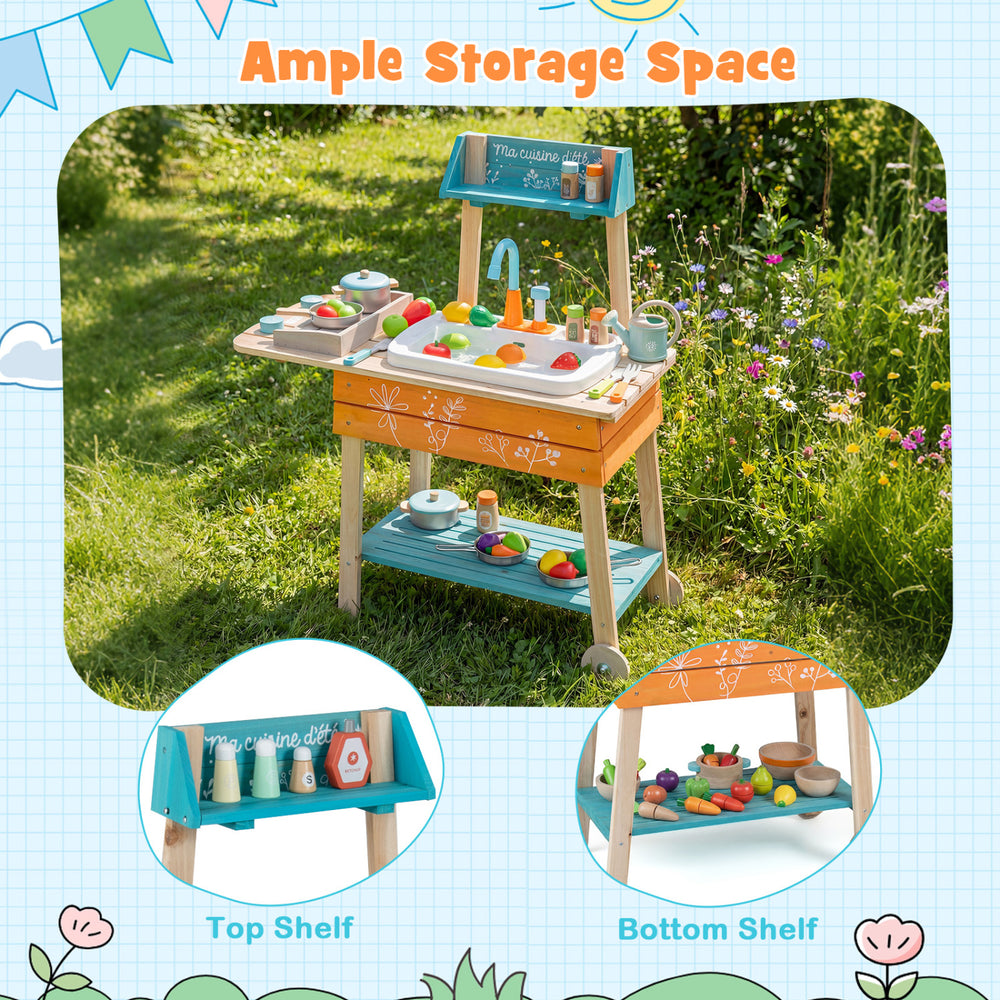 Wooden outdoor kids play kitchen set in orange with removable sink, featuring ample storage space and colorful.