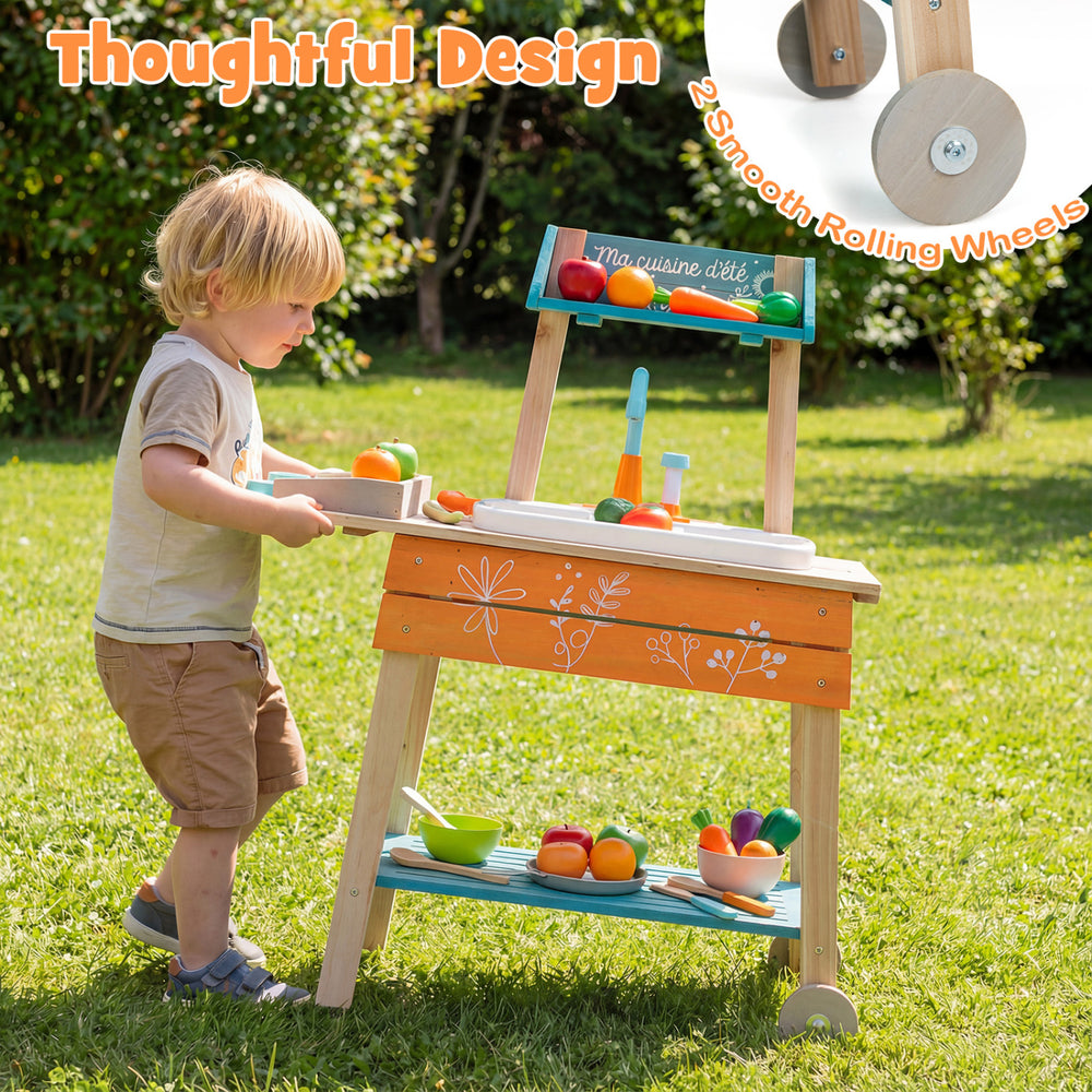 Wooden outdoor kids play kitchen set in orange with removable sink, featuring smooth rolling wheels for easy movement.
