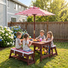 Kids enjoy playtime at the Outdoor Kids Wooden Picnic Table and Benches Set with Umbrella in a sunny backyard setting.
