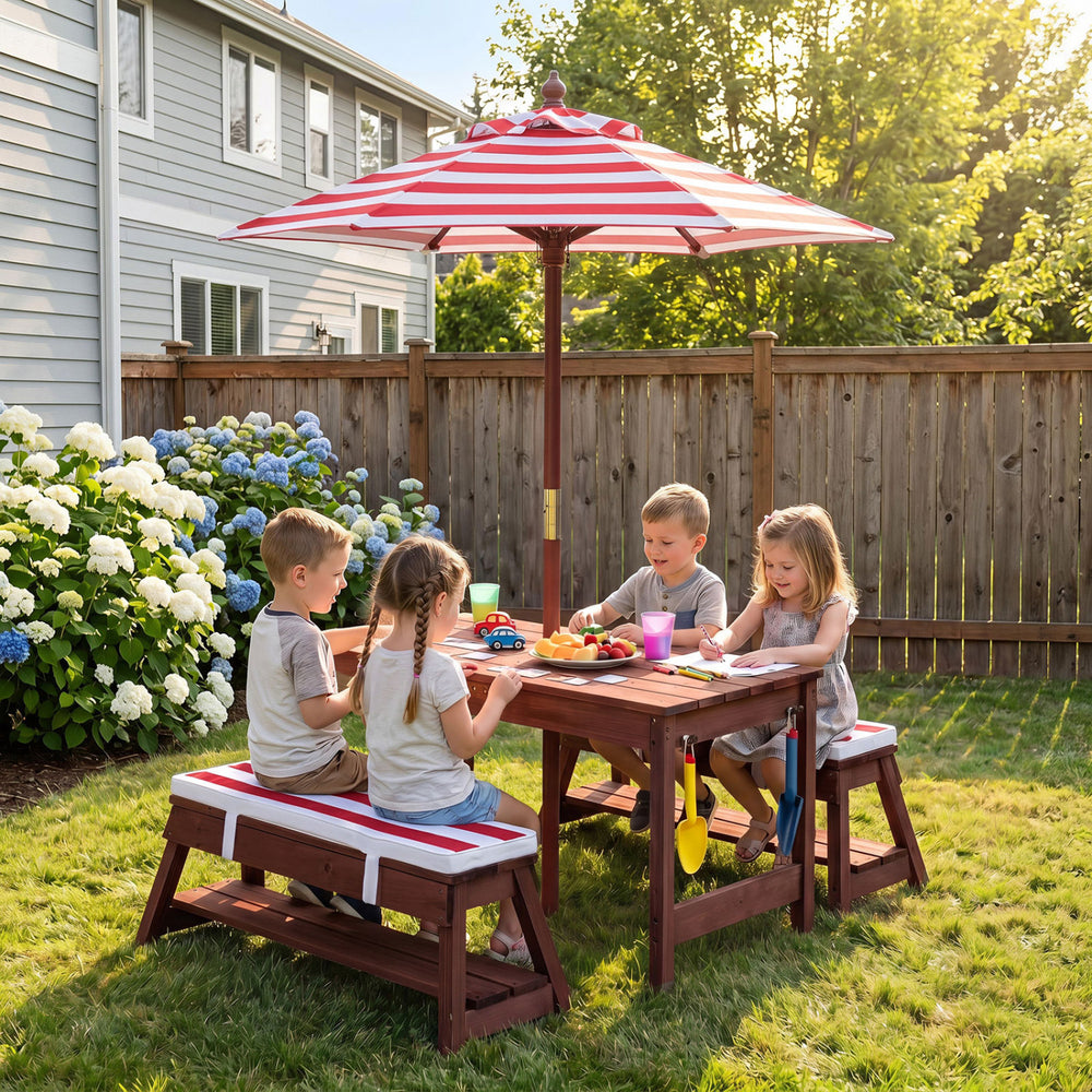 Outdoor Kids Wooden Picnic Table and Benches Set with Umbrella-Red - Gallery View 1 of 11