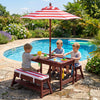 Outdoor kids wooden picnic table and benches set with red umbrella, perfect for sensory play by the poolside.