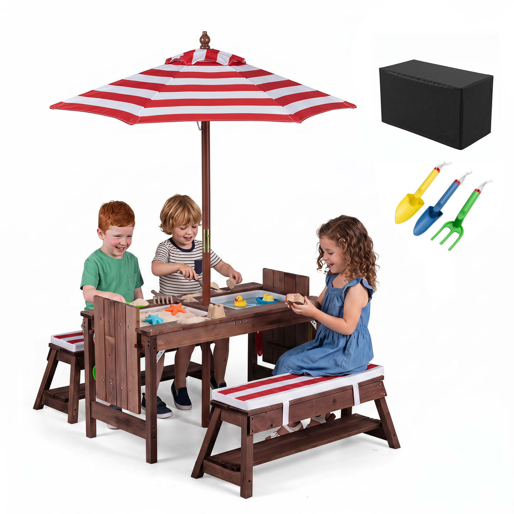 Outdoor kids wooden picnic table and benches set with red umbrella, featuring open shelves for extra storage and organization.