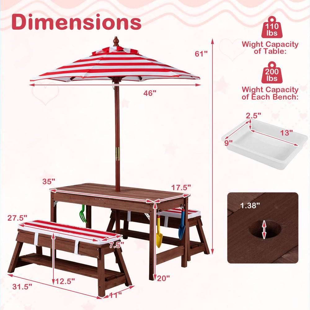 Outdoor kids wooden picnic table and benches set with red umbrella, featuring lift-off tabletops and storage for sensory play.
