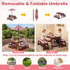 Outdoor kids wooden picnic table and benches set with a red detachable umbrella, perfect for patio or garden play.