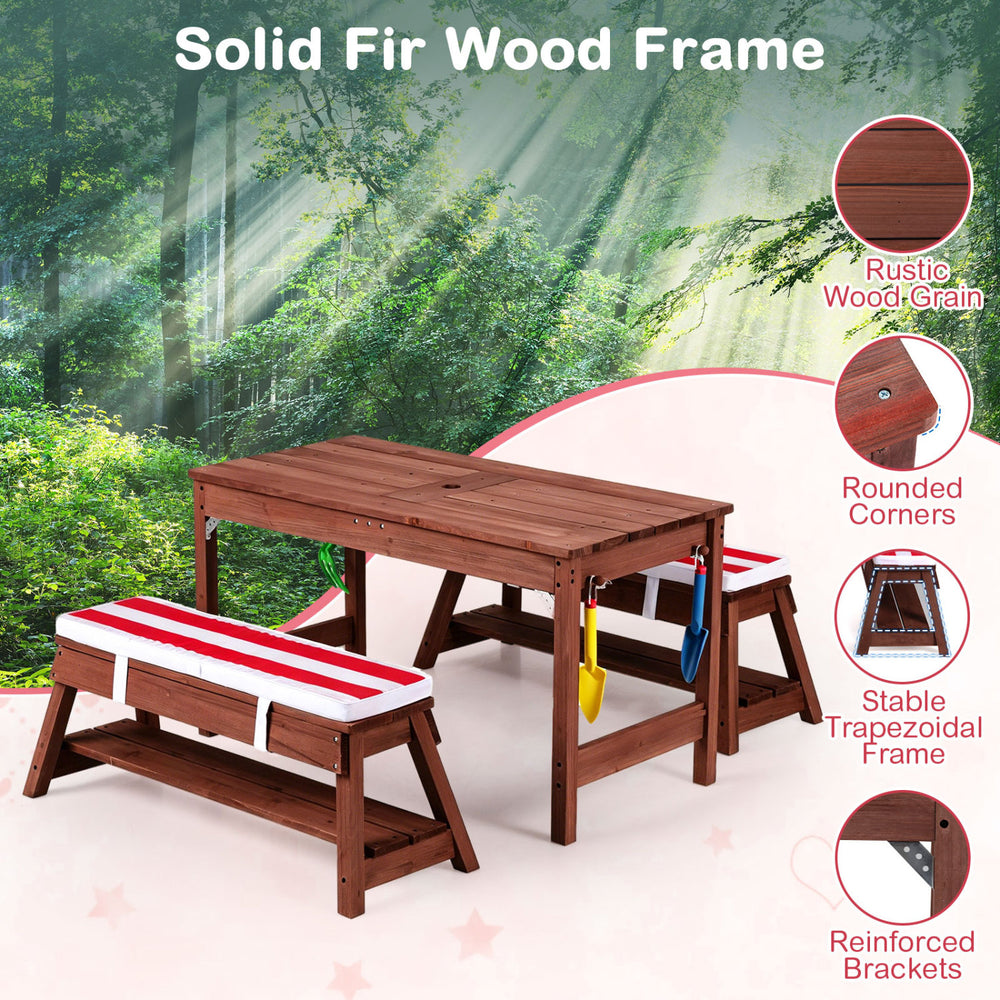 Outdoor kids wooden picnic table and benches set with umbrella features solid fir wood and rustic wood grain for versatile play.