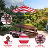 Outdoor kids wooden picnic table set with red striped umbrella, featuring two benches and adjustable height for sunny days.