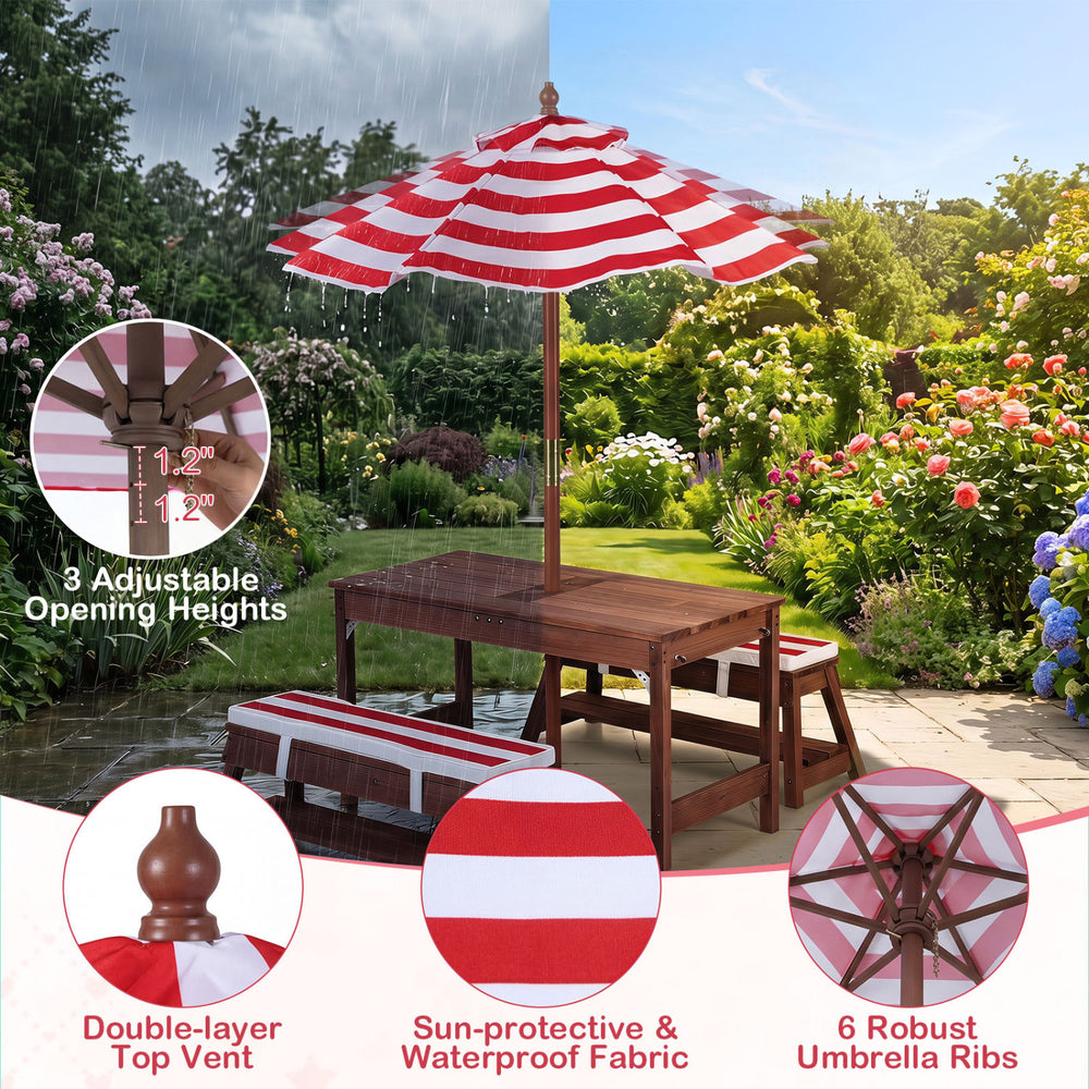 Outdoor kids wooden picnic table set with red striped umbrella, featuring two benches and adjustable height for sunny days.