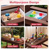 Outdoor kids wooden picnic table with umbrella, featuring sand and water tables, cushioned benches, and storage space.