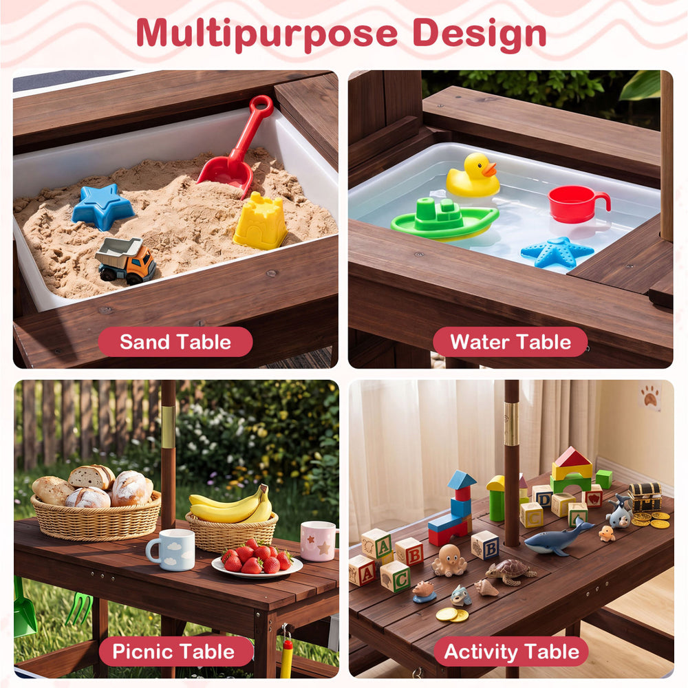 Outdoor kids wooden picnic table with umbrella, featuring sand and water tables, cushioned benches, and storage space.