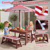 Outdoor kids wooden picnic table and benches set with red umbrella, featuring cushioned seating and hidden activity space.