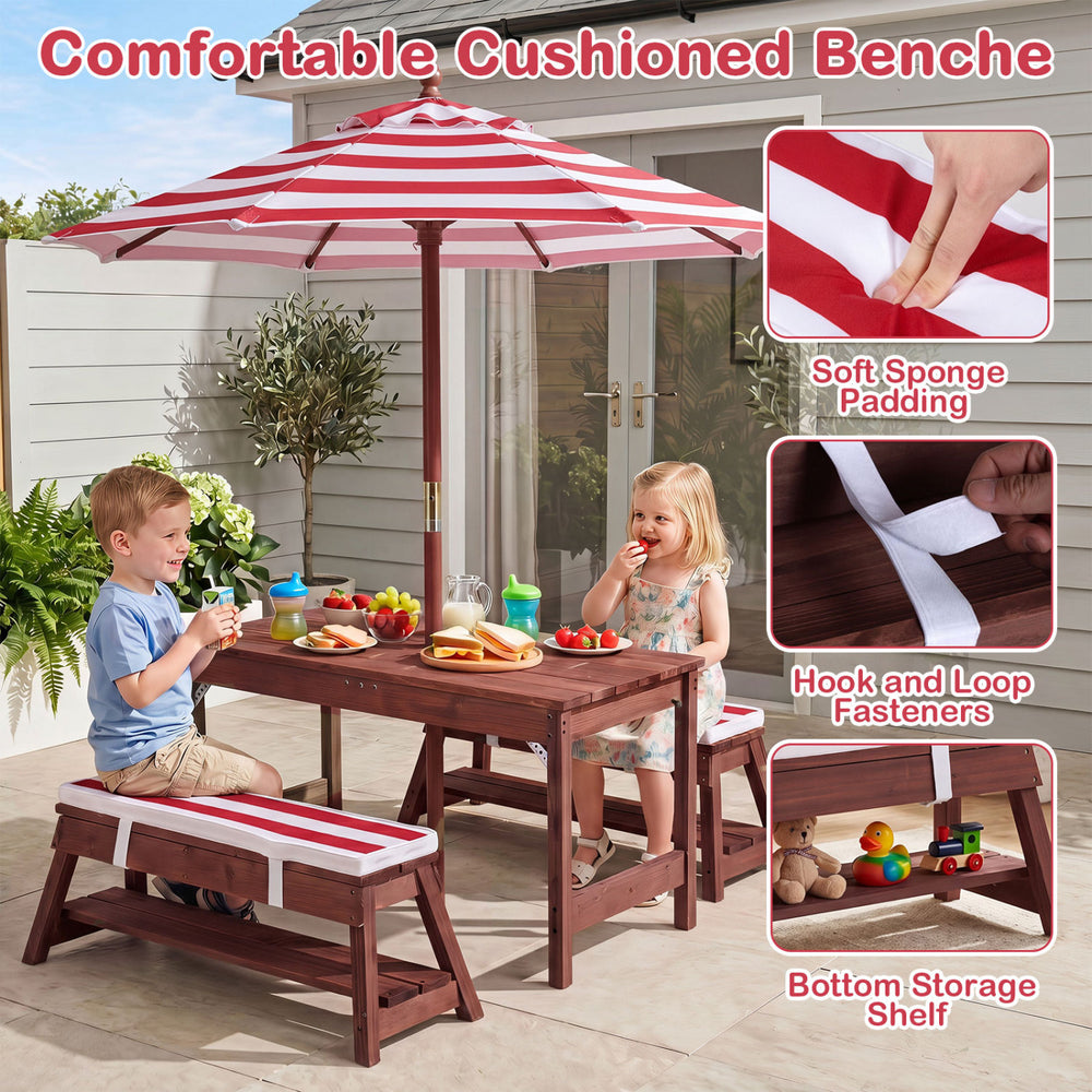 Outdoor kids wooden picnic table and benches set with red umbrella, featuring cushioned seating and hidden activity space.