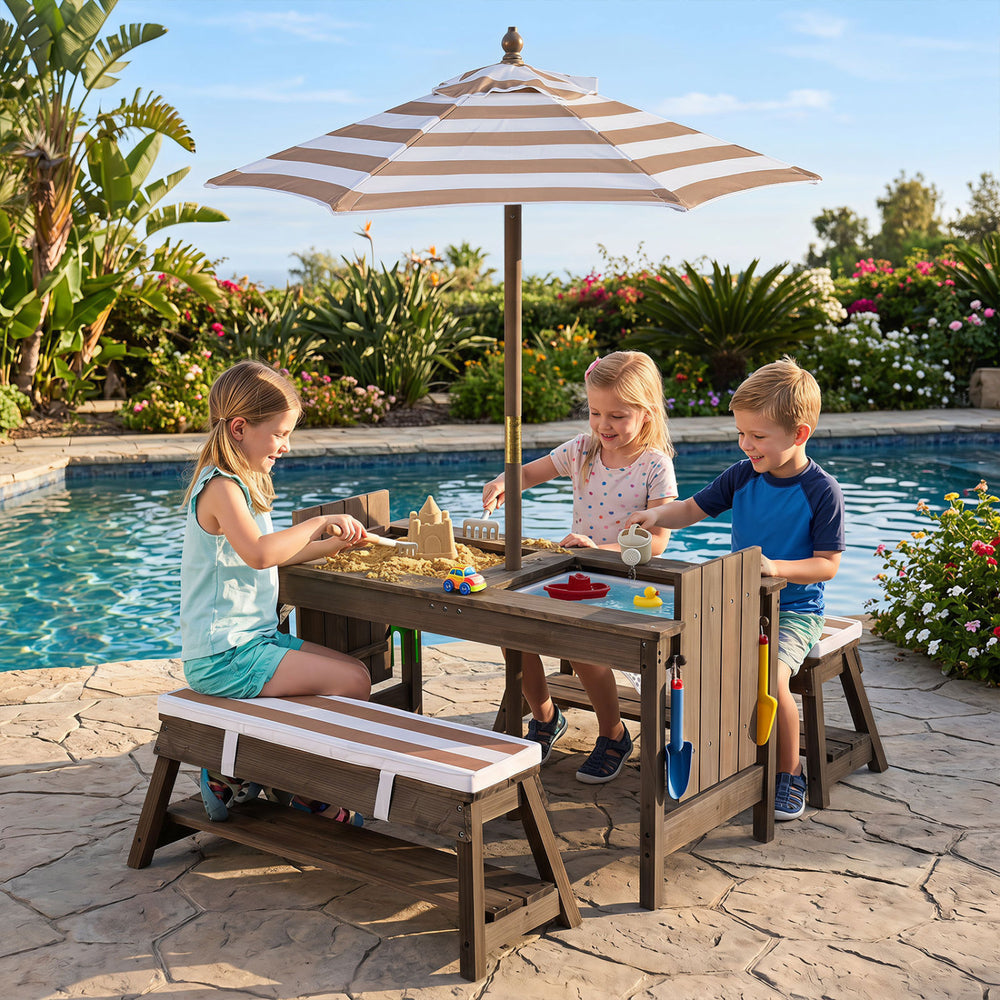 Outdoor Kids Wooden Picnic Table and Benches Set with Umbrella-Brown - Gallery View 1 of 11