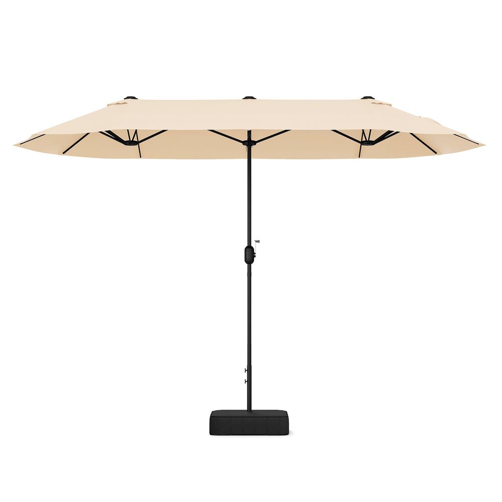 Large outdoor umbrella in beige with a sturdy black pole, ideal for shading gardens and patios.