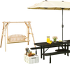 Outdoor Living 6-in-1 Combo Set featuring a wooden swing and black picnic table for versatile outdoor relaxation and.