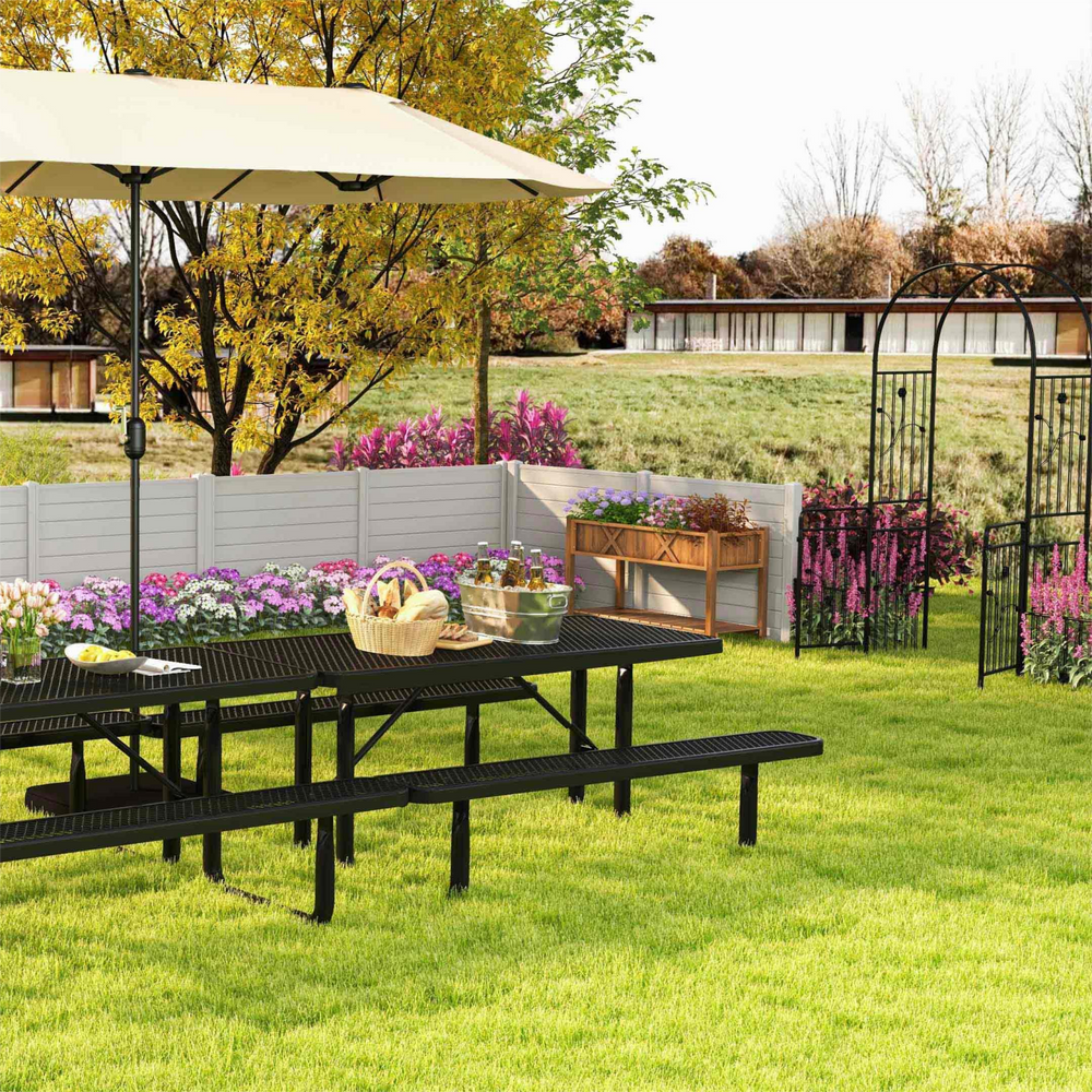 Outdoor Living Ultimate 6-in-1 Combo Set featuring a picnic table with an umbrella, perfect for garden dining and.